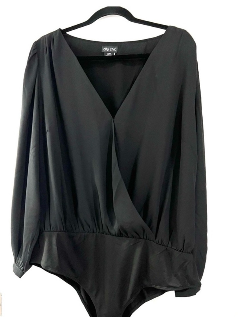 City Chic Black Long-Sleeve Wrap-Front Bodysuit